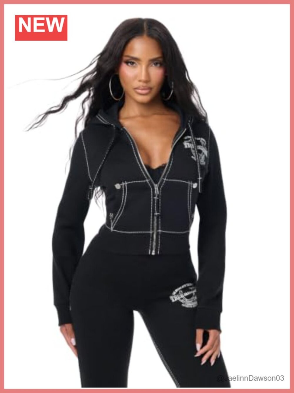 True Religion Crystal Horseshoe Shrunken Zip Hoodie Long Sleeve Women's